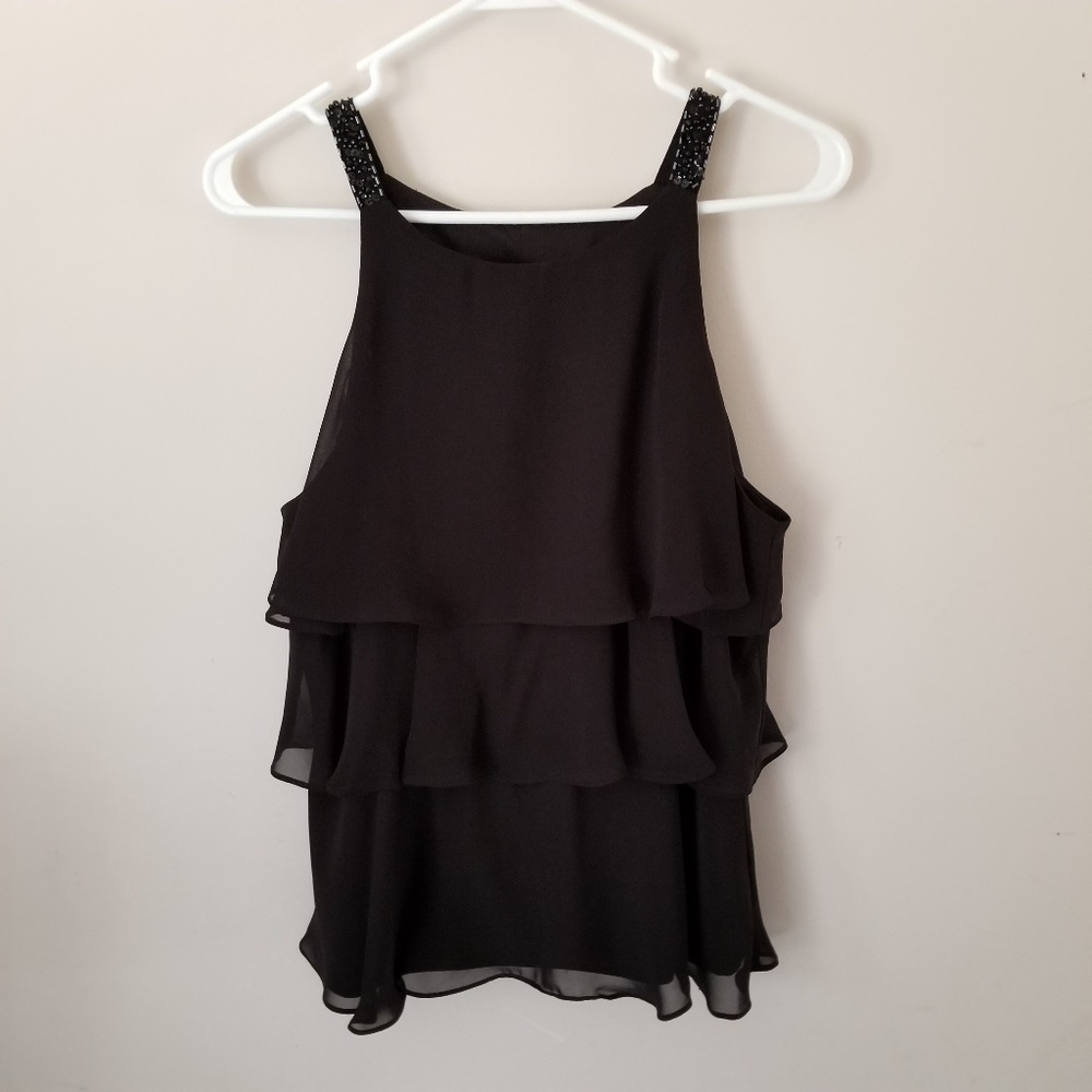 Expo black layered silky beaded straps cute top.